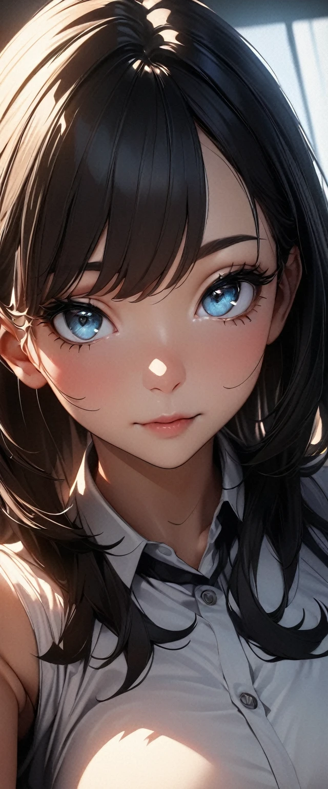 (high quality, 8k, 4K, High Contrast, masterpiece:1.2, 最high quality, Best aesthetics), 1 female, (Realistic skin texture:1.3), (Film Grain:1.3), (Selfie angle, High Angle), One Girl, Beautiful and detailed eyes and face, 最high quality, close, Upper Body,Black Hair，