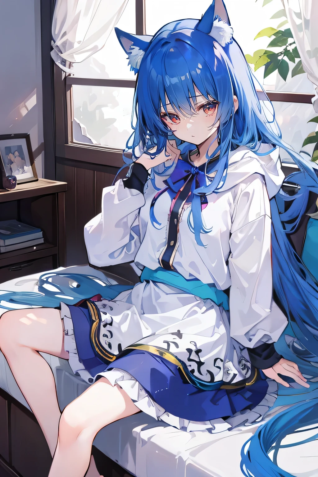 (masterpiece:1.2),Super detailed,lifelike,Expressive eyes,fair skin,perfect face shape,1 girl,
Japanese comics,Gorgeous blue hair,flowing blue hair,flowing clothes,Cat ears,Petals fall,beautiful lola,Baby Angel,
Shaking head with one hand,Cross your legs,Gentle and peaceful background,The pavilion is cool and comfortable,smile, wearing hoodie, In front of the window,snowing
