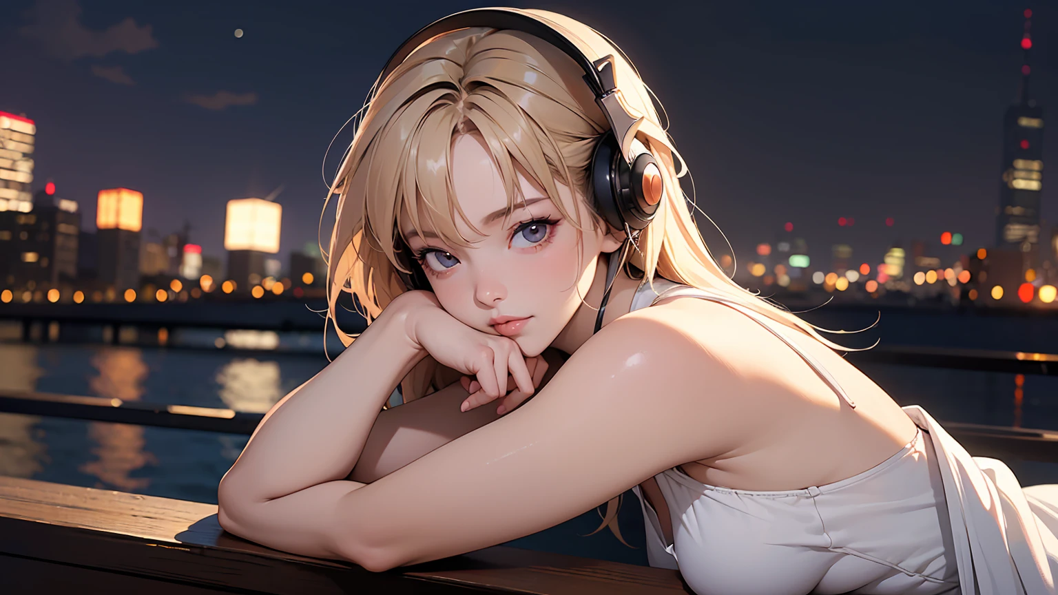 masterpiece、high resolution 8k、NSFW、sharp focus、contrast lighting、fine skin、muste piece、 highest quality、Ultra - High resolution、Super high resolution、Highly detailed CG,  realisticlying, 1 girl, Beautiful, wearing headphones, enjoying hot coffee solo, Late Night Cafe, looking to viewer, city, starry sky, cloud, night.