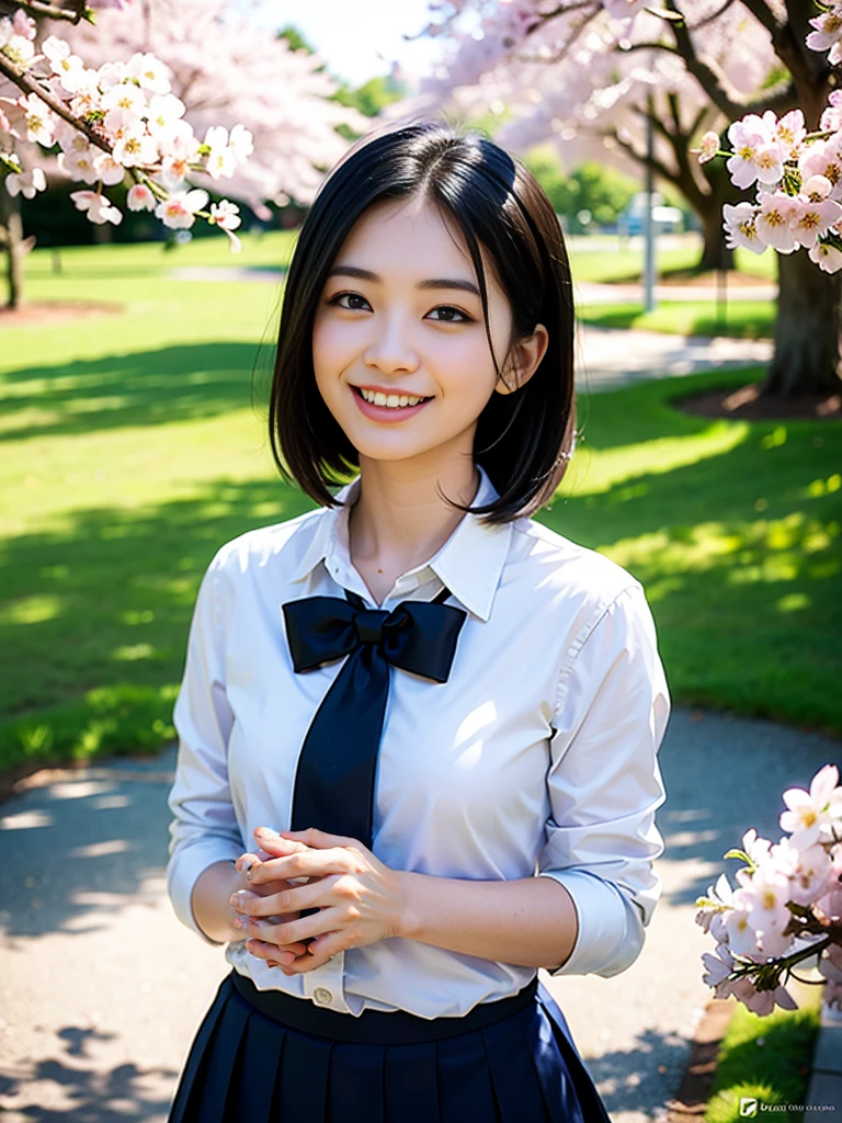 (Highest quality,masterpiece:1.3,Ultra-high resolution),(Very detailed,Caustics,8K),(Realistic:1.4,RAW shooting),1 Girl,(smile),(Looking up at cherry blossoms),18-year-old,cute,Japanese,Short black hair,(school uniform),glamorous,(big ),(Face Focus),street,cherry blossoms,Natural light,(Lens flare),Professional Writing,(Cowboy Shot),(bird's's point of view:1.2),(High position:1.4),(High Angle:1.4)