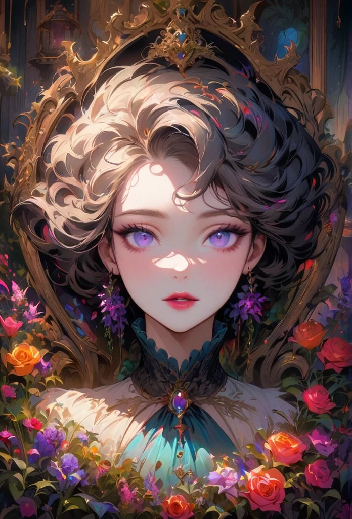 anime,beautiful detailed eyes,beautiful detailed lips,extremely detailed eyes and face,longeyelashes,colorful,vivid colors,portrait,landscape,horror,studio lighting,sharp focus,physically-based rendering,extreme detail description,professional,bokeh,HDR,UHD,ultra-fine painting,concept artists,gothic,Victorian-style bedroom,beautiful witch,dark atmosphere,vibrant colors,soft lighting,enchanted plants,flowing lavender,anime-style characters,mysterious shadows,exquisite details,vintage furniture,luxurious textures,eye-catching composition,romantic mood,rose,kissmark,(monochrome)lip very red