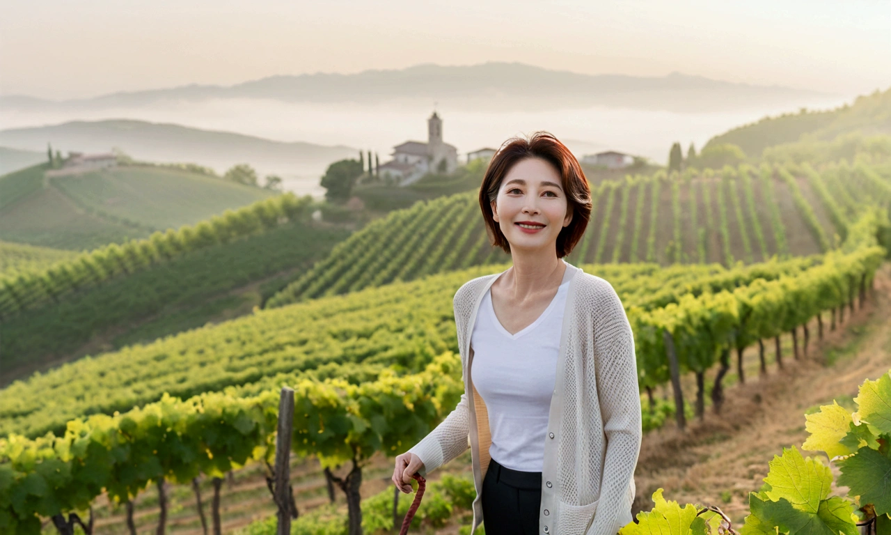 Italy foggy countryside dawn, Endless vineyards, A cathedral can be seen far away in the fog.. Korean woman in her 40s, Wearing a short cardigan over a luxury brand white T-shirt, casual pants, Korean woman with short and medium hair, hair is beautiful. Standing on a path on top of a vineyard hill, Beautiful Korean woman with bright and clear skin, the neck is long and beautiful. Inspired by Yoo Ji-in. Beautiful Korean woman smiling, standing in the vineyard,1 woman, Your eyes are big and pretty, standing on a hill in a vineyard, 1 woman, Clear picture quality, Fair skin and no wrinkles on the neck, The eyes are clear and big, Hair texture is clean and shiny, eyes are big