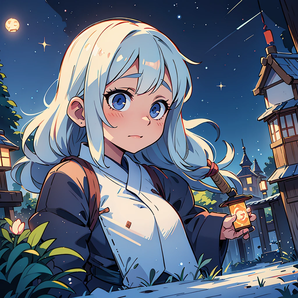 half-body or 3/4 portrait, female white long haired, traditional japanese magic skirt, holding staff, generate ice mafic, background lantern castle and starry night
