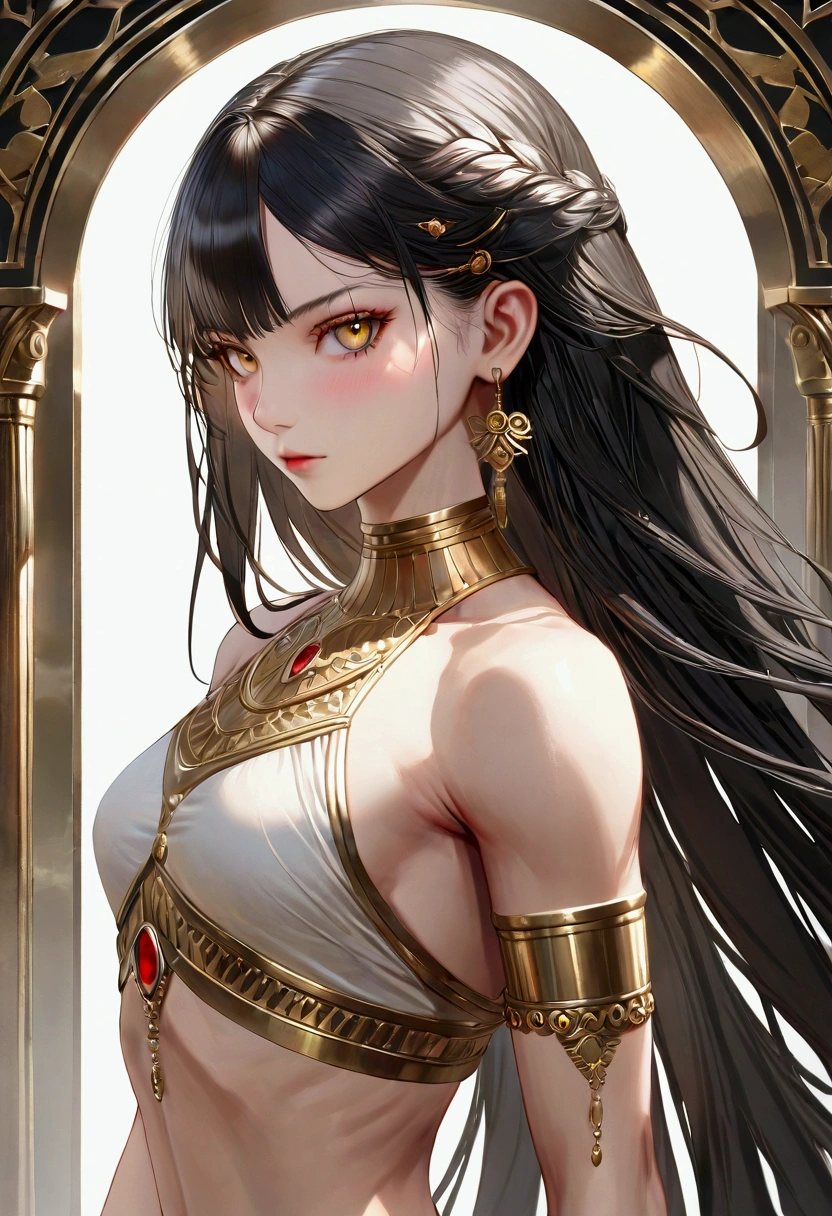 A girl with long black hair with white peekaboo highlights, golden eyes, fair skin tone, slender and athletic built, warrior, detailed hair, detailed body, best quality, aesthetic,8k,realistic