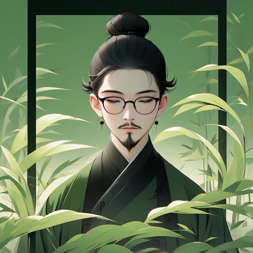(masterpiece, best quality:1.2), alone, Minimalist Art Nouveau,illustration style,Black and green,bamboo,Chinese elements, Asian men, with stubble, short beard, short mustache, Beard scum, slightly curly hair, and black square plastic-framed glasses