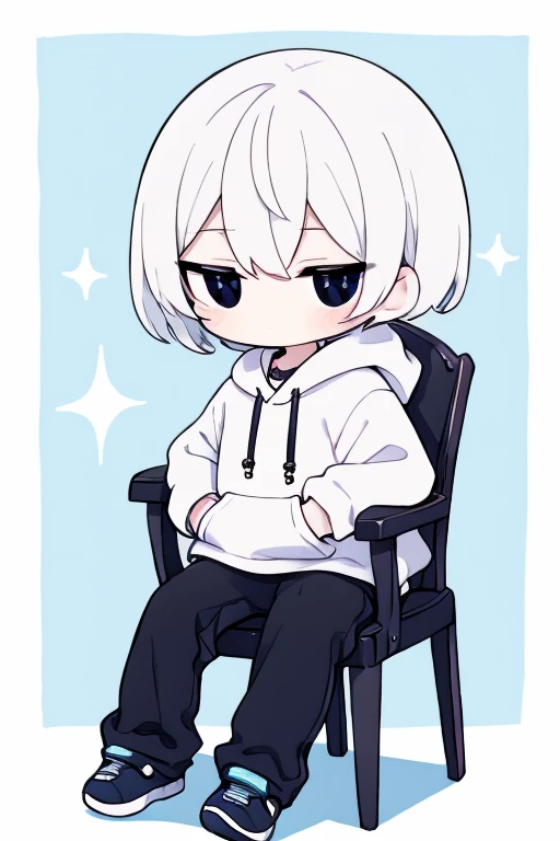 White short hair、black eye、boyish、White hoodie、Black trousers、Sparkling、Sit on a chair、rice