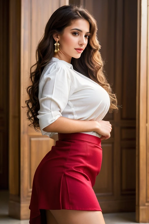 ((Best quality, 8k, Masterpiece :1.3)), Whole body, Sharp focus :1.2, A pretty Arabian woman, (photorealistic:1.7), best quality, beautiful lighting, Eleanor, Big Breasts Plus Size Model random colour beautiful eyes extremely high Bun long extreme curly hair Lifts random split Skirt.