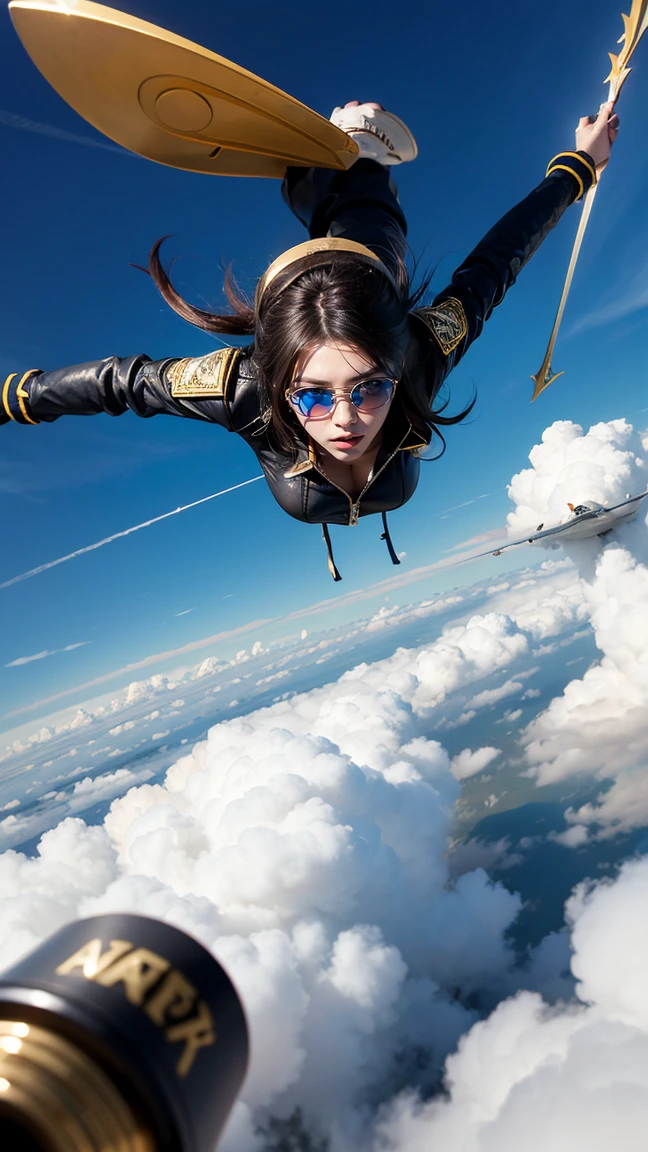 Illustrate Irelia in her Aviator skin from League of Legends by Riot Games, dressed in a stylish, aviator outfit with goggles and a bomber jacket, have massive k-cups, flying through the sky with floating blades cutting through clouds.