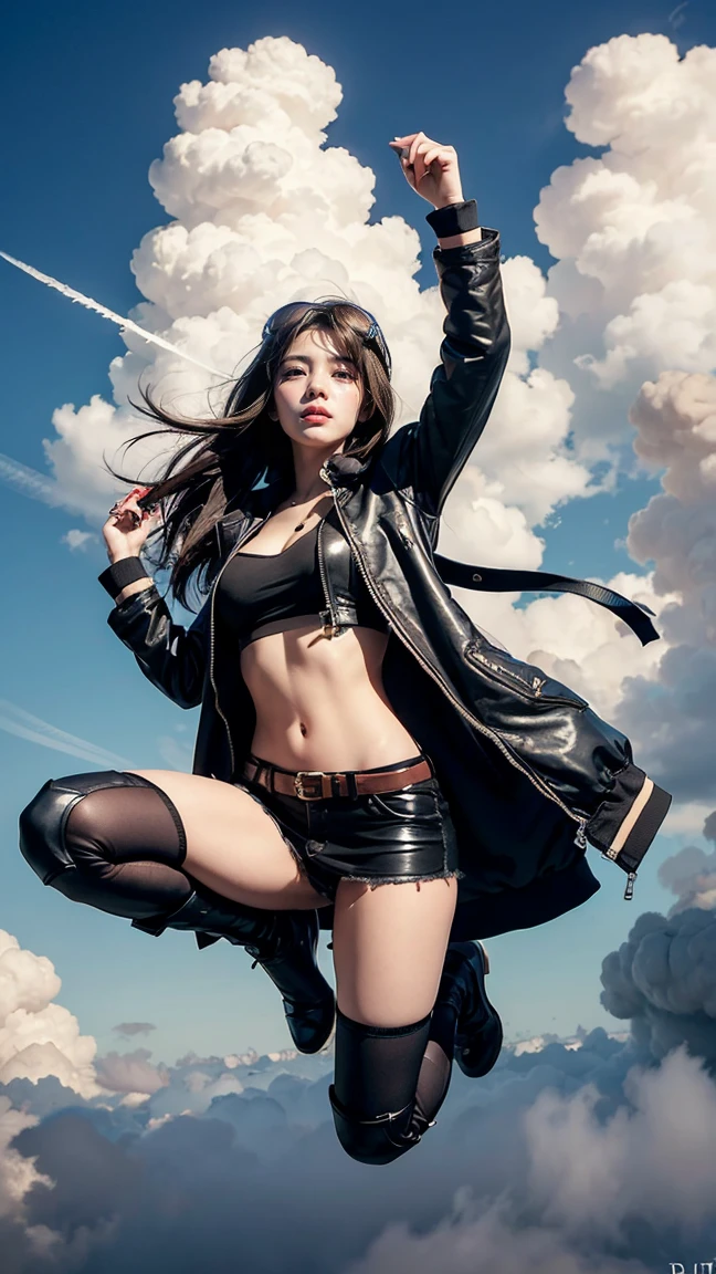 Illustrate Irelia in her Aviator skin from League of Legends by Riot Games, dressed in a stylish, aviator outfit with goggles and a bomber jacket, have massive k-cups, flying through the sky with floating blades cutting through clouds.