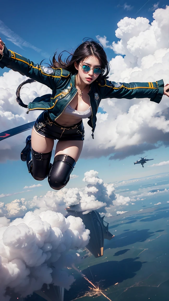 Illustrate Irelia in her Aviator skin from League of Legends by Riot Games, dressed in a stylish, aviator outfit with goggles and a bomber jacket, have massive k-cups, flying through the sky with floating blades cutting through clouds.