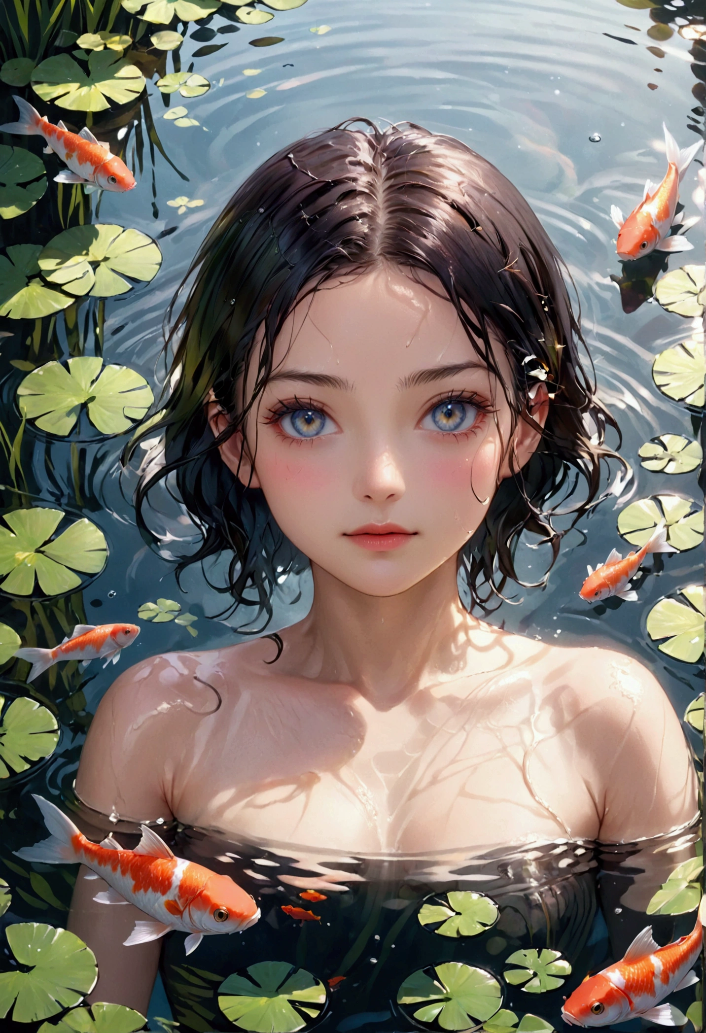 a woman bathing in a pond, several fish in the pond, facing the camera, beautiful detailed eyes, beautiful detailed lips, extremely detailed face, long eyelashes, serene expression, wet skin, rippling water, natural lighting, realistic, photorealistic, 8k, high quality, masterpiece, vibrant colors, detailed background, nature scenery, realistic water ripples, detailed fish, elegant composition