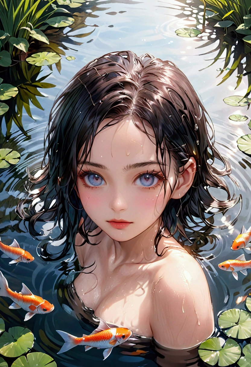 a woman bathing in a pond, several fish in the pond, facing the camera, beautiful detailed eyes, beautiful detailed lips, extremely detailed face, long eyelashes, serene expression, wet skin, rippling water, natural lighting, realistic, photorealistic, 8k, high quality, masterpiece, vibrant colors, detailed background, nature scenery, realistic water ripples, detailed fish, elegant composition