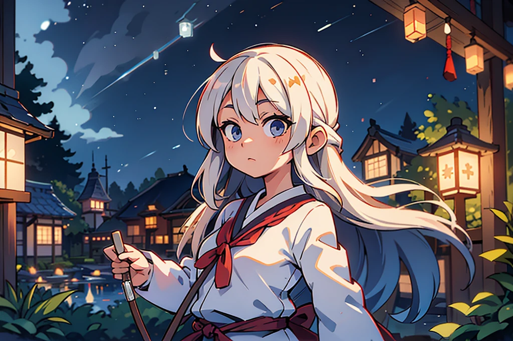half-body or 3/4 portrait, female white long haired, japanese sailor suit, holding staff, generate ice mafic, background lantern castle and starry night
