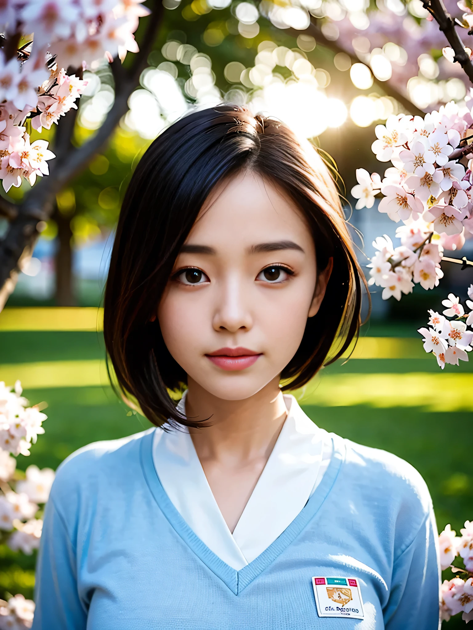 (Highest quality,masterpiece:1.3,Ultra-high resolution),(Very detailed,Caustics,8K),(Realistic:1.4,RAW shooting),1 Girl,(smile),(Looking up at cherry blossoms),18-year-old,cute,Japanese,Short black hair,(school uniform),glamorous,(big ),(Face Focus),street,cherry blossoms,Natural light,(Lens flare),Professional Writing,(Cowboy Shot),(bird&#39;s&#39;s point of view:1.2),(High position:1.4),(High Angle:1.4)
