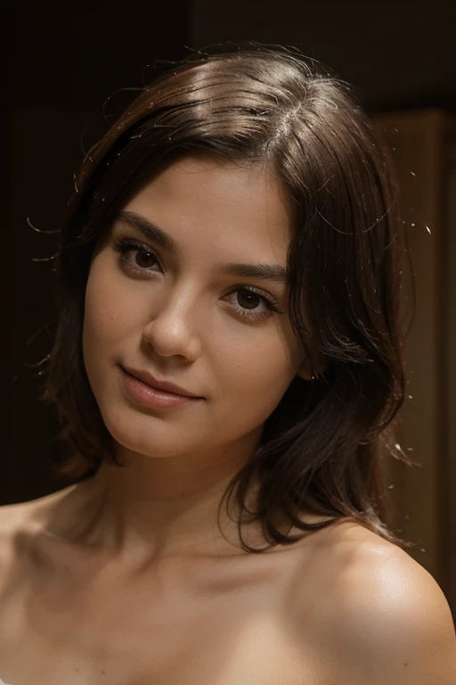((best quality)), ((head of'artwork)), (detailed), 1fille, pull à épaules dénudées, realistic, fossette sur les joues, slight shy smile, regard profond,