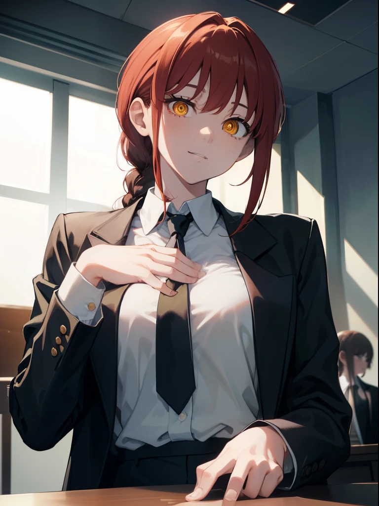 hand, hand, Long Hair, smile, Close your mouth and shake your bangs, Medium chest, (Yellow Eyes:1.2), Braiding, Redhead, Braidinged ponytail, The eyes are round, break shirt, Long sleeve, Jacket, White shirt, Cleavage, Sit at the table, Loose tie, Collared shirt, pants, black Jacket, Black blazer, black pants, formal, suit, Loose black tie, Tucked in shirt, office lady, break indoors, office, break looking at viewer, break (masterpiece:1.2), Highest quality, High resolution, unity 8k wallpaper, (figure:0.8), (Beautiful attention to detail:1.6), Highly detailed face, Perfect lighting, Highly detailed CG, (完璧なhand, Perfect Anatomy),