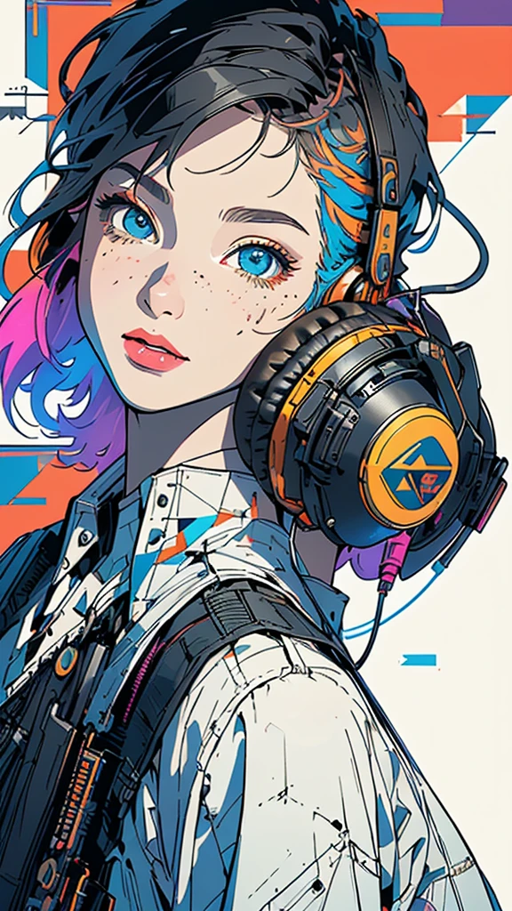 (((masterpiece, highest quality))),(((solo:1.2))),(((1girl:1.2))),32k wallpaper, very detailed, poster, vintage science fiction,(((((geometric cinematic movie poster))))), ((bauhaus)),(shape),(((abstract))),(mid century modern),(((((portfolio))))),(((((Close-up))))),(((((bust up))))),((((more various angle)))),((((highlight)))),((((heterochromia)))),(((complete. detailed face))),((((Extremely talented)))),(((((most complecated futristic machine))))),(Colorful color scheme),(((detailed unlimited complete equipment : headphone like a rail gun))),(((((Absolutely simple background))))),(((Texture for people : grunge))),