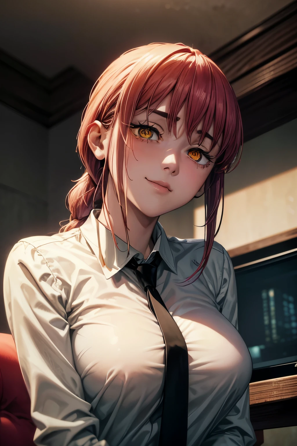 8k, RAW Photos, masterpiece, Very detailed, Highest quality, Professional Lighting, High resolution, beautiful and adorable girl, software, break makima, Yellow Eyes, Spiral in the eye, Lower eyelashes, Red eyebrows, Dark circles under the eyes, Relaxed smile, Emotionless, Cold Smile, Robot-like facial expression, Mysterious Girl, break (Long black tie, White shirt, Black trousers), (Viewers looking down, From below, Close-up model, eye contact), sunset, Dark Clouds, indoor, office, break (Looking up at the viewer), Obscene smile, Female dog, Obscene, blush, (A girl begs the viewer to have sex with her), Drops of sweat, shame, Drooling, Love Juice