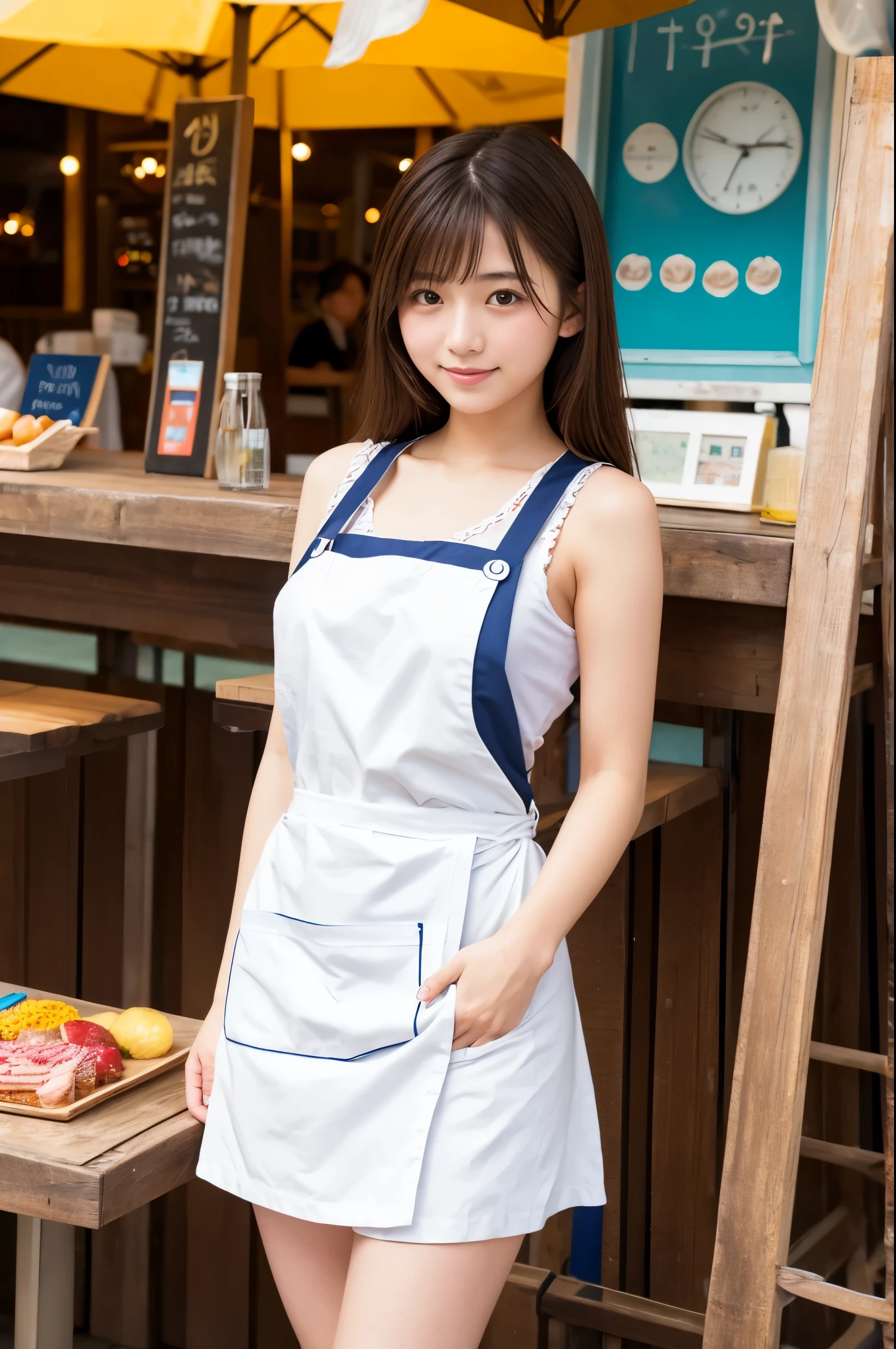 20 years old girl (Japanese pretty face) is wearing apron, mini skirt at the beach bar