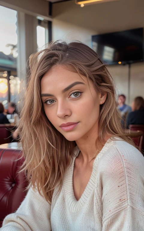 Cute beautiful dark blonde in a yellow sweater "old money style "(Inside a modern cafe at sunset), Very detailed, 21 years, innocent face, long natural wavy dark blonde hair, blue eyes, High resolution, masterpiece, Best Quality,intricate details, Very detailed,sharp focus, detailed skin,realist skin texture,texture, detailed eyes, professional, 4k, lovely smile, shot on Canon, 85mm,shallow depth of field,Kodak Color Vision, body in perfect shape, extremely detailed, Photo_\(ultra\), Photorealist, realist, post processing, maximum detail, roughness, real life, ultra realist, Photorealism, Photography, 8k high definition, Photography