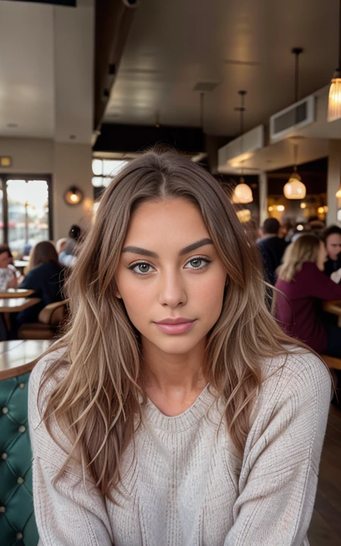 Cute beautiful dark blonde in a yellow sweater "old money style "(Inside a modern cafe at sunset), Very detailed, 21 years, innocent face, long natural wavy dark blonde hair, blue eyes, High resolution, masterpiece, Best Quality,intricate details, Very detailed,sharp focus, detailed skin,realist skin texture,texture, detailed eyes, professional, 4k, lovely smile, shot on Canon, 85mm,shallow depth of field,Kodak Color Vision, body in perfect shape, extremely detailed, Photo_\(ultra\), Photorealist, realist, post processing, maximum detail, roughness, real life, ultra realist, Photorealism, Photography, 8k high definition, Photography
