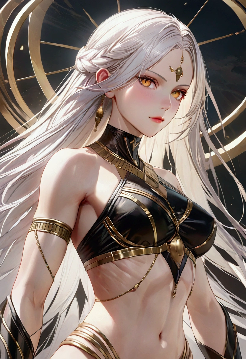 A girl with long white hair, golden eyes, fair skin tone, slender and athletic built, warrior, detailed hair, detailed body, best quality, aesthetic,8k,realistic
