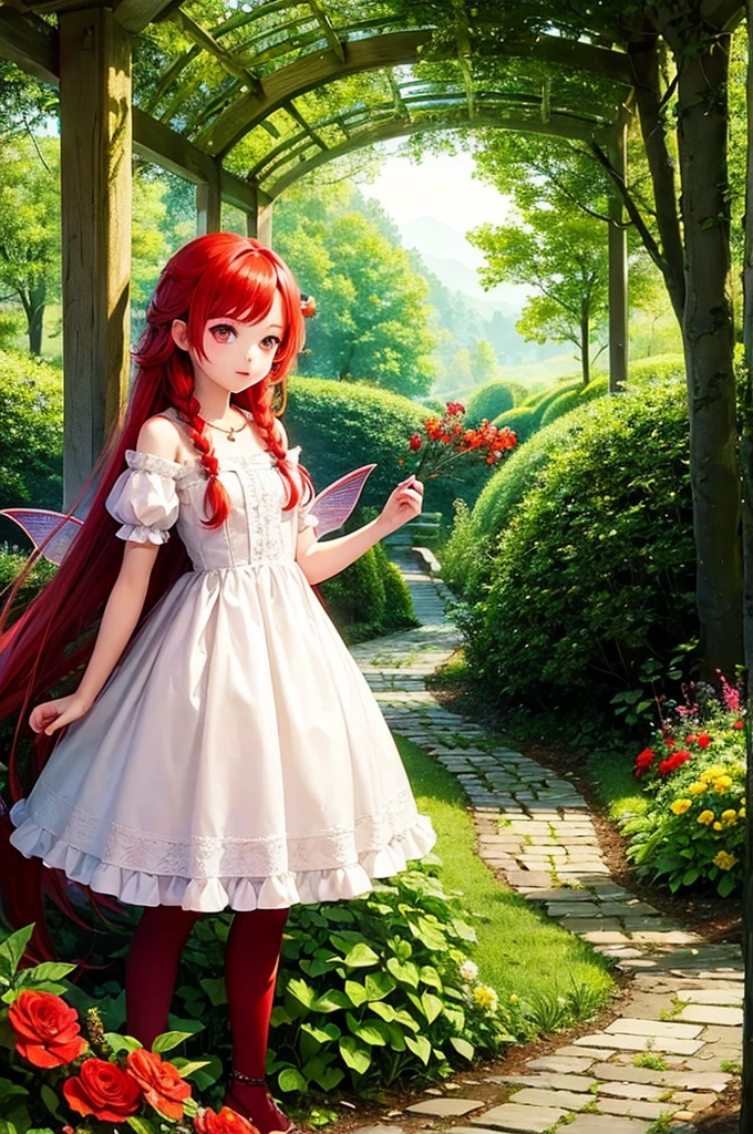 Red Hair Braid Red Eyes beautiful girl Flower Hair Ornaments Fairy Wings Mysterious Forest Colorful flowers A fairytale world