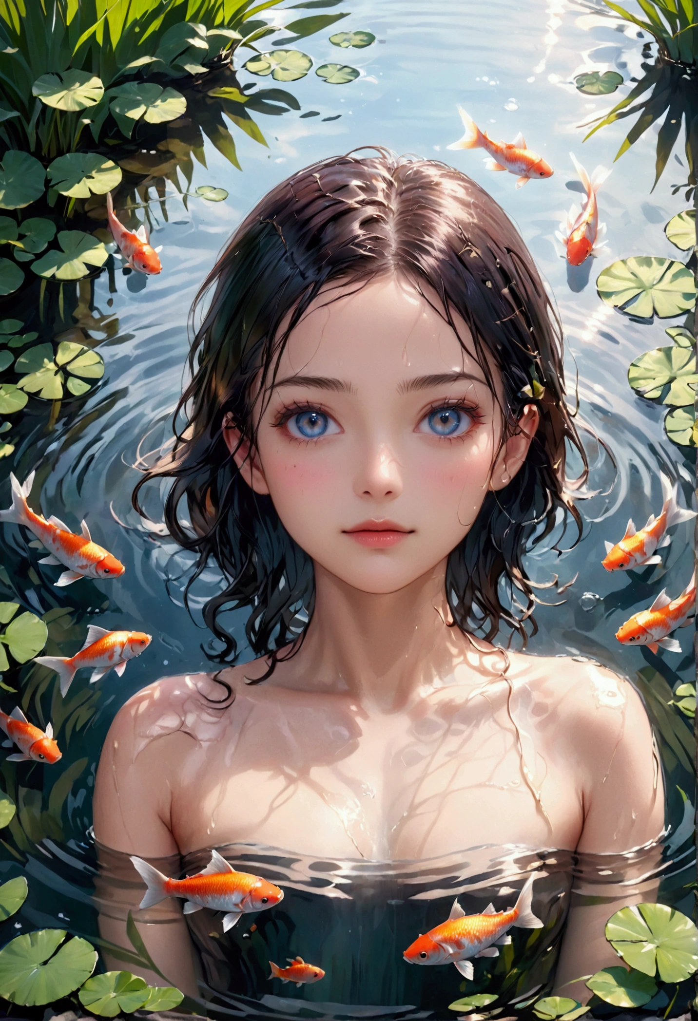 a woman bathing in a pond, several fish in the pond, facing the camera, beautiful detailed eyes, beautiful detailed lips, extremely detailed face, long eyelashes, serene expression, wet skin, rippling water, natural lighting, realistic, photorealistic, 8k, high quality, masterpiece, vibrant colors, detailed background, nature scenery, realistic water ripples, detailed fish, elegant composition