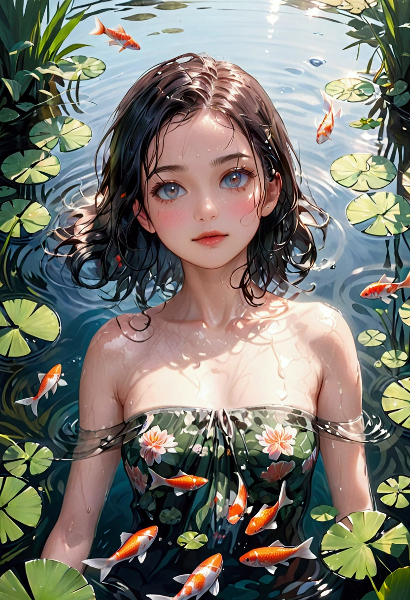 a woman bathing in a pond, several fish in the pond, facing the camera, beautiful detailed eyes, beautiful detailed lips, extremely detailed face, long eyelashes, serene expression,  wet skin, rippling water, natural lighting, realistic, photorealistic, 8k, high quality, masterpiece, vibrant colors, detailed background, nature scenery, realistic water ripples, detailed fish, elegant composition