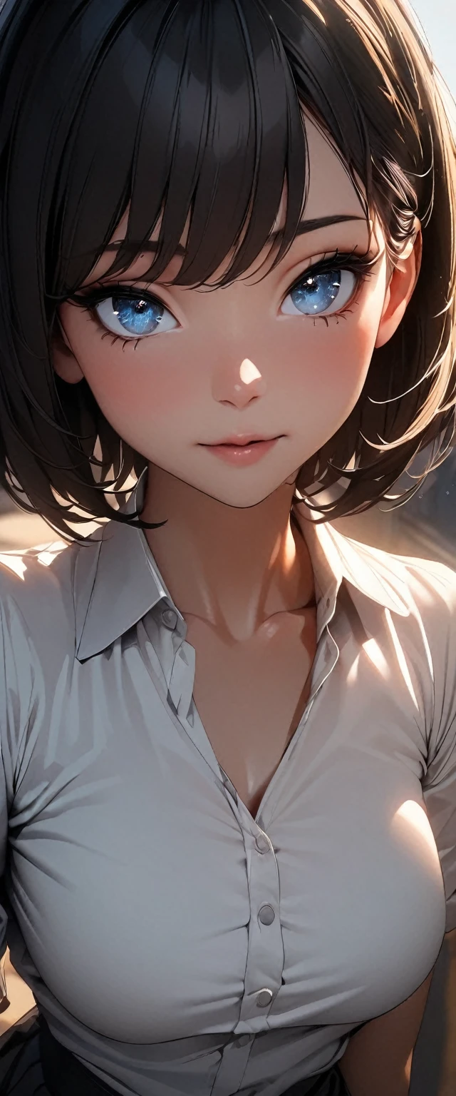 (high quality, 8k, 4K, High Contrast, masterpiece:1.2, 最high quality, Best aesthetics), 1 female, (Realistic skin texture:1.3), (Film Grain:1.3), (Selfie angle, High Angle), One Girl, Beautiful and detailed eyes and face, 最high quality, close, Upper Body,Black Hair,Bob,