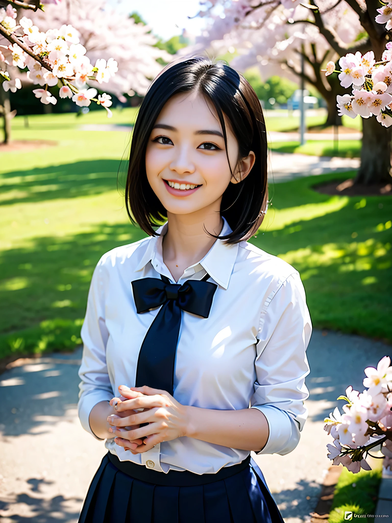 (Highest quality,masterpiece:1.3,Ultra-high resolution),(Very detailed,Caustics,8K),(Realistic:1.4,RAW shooting),1 Girl,(smile),(Looking up at cherry blossoms),18-year-old,cute,Japanese,Short black hair,(school uniform),glamorous,(big ),(Face Focus),street,cherry blossoms,Natural light,(Lens flare),Professional Writing,(Cowboy Shot),(bird's's point of view:1.2),(High position:1.4),(High Angle:1.4)