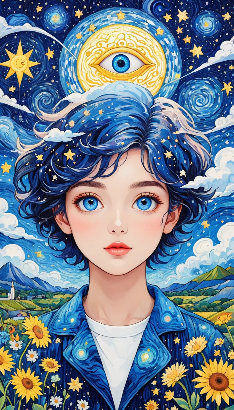 Psychedelic Art。plant、Marine Life、(((Charming eyes，The Third Eye)))、cloud、Starry Sky，Galaxy、Planet、Stitching together an abstract painting，Describing the inner world of autistic people，Sense of space，Blank，White space，Pointillism method，Childish lines，Klein Blue，assimilate into"van gogh"Art style