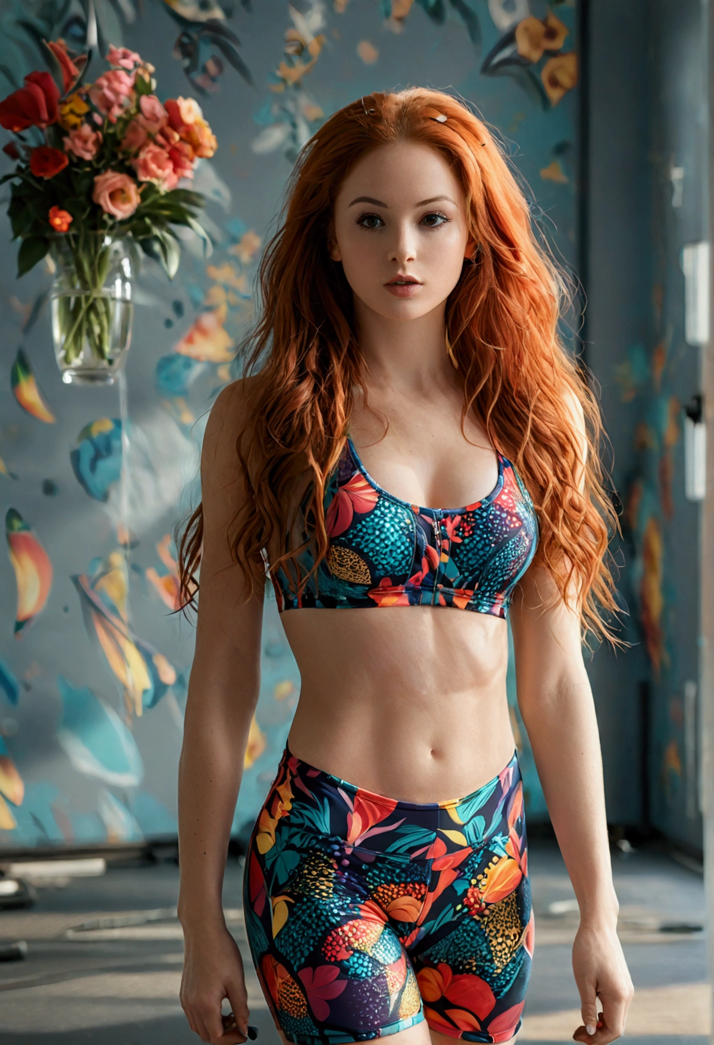 (full body shot:1.7) photorealistic image of a (standing pose:1.3) ultrarealistic, photography, long red hair, woman, 24 years old, hourglass figure, perfect body, Flirty look, natural medium breasts, blur background, she is wearing a colourful onepiece unitard, she is wearing sneakers, at an aerobic center, doing aerobics,