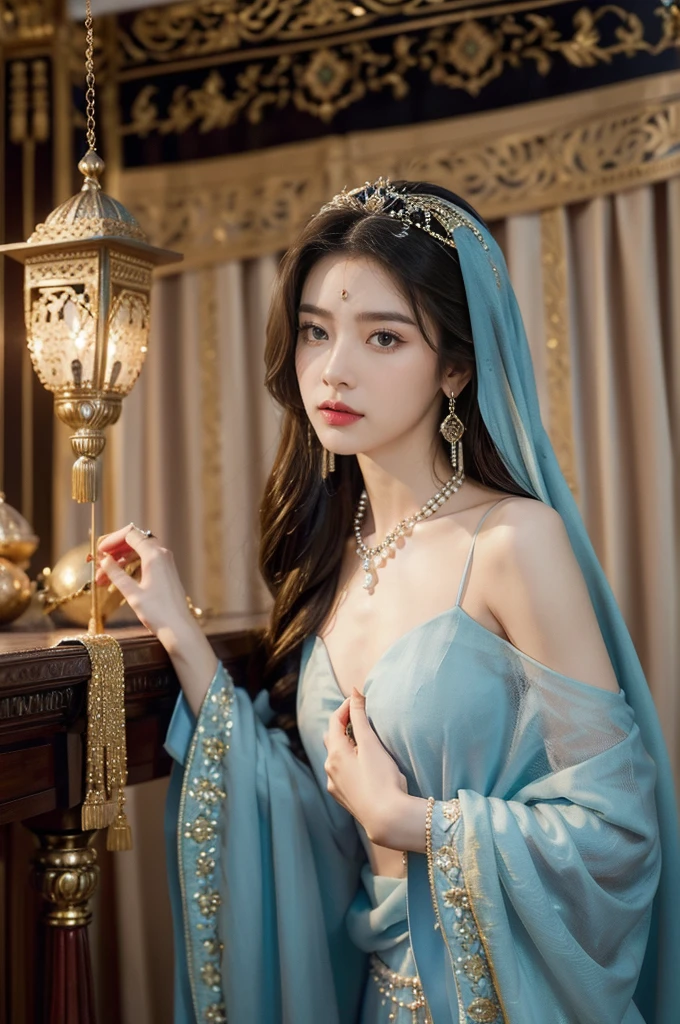 (((best quality))),(((ultra detailed))),(((masterpiece))),illustration,((1girl,Arabian dancer,solo)),((slim,thin)),((small breasts,flat chest)),((earrings,necklace)),((pearls,jewels,gemstones)),(night scene:1.3),(standing:1.3),(in luxurious palace:1.3),(indoor:1.3),(gorgeous embroidered Arabian gown:1.3), intricate patterns,((Arabian theme,Middle Eastern culture)),(shoulder length straight hair:1.2),(sheer veil:1.3),mystery, ornate furnishings, decorations, enchantment, magic, Persian magic carpet,night sky, floating,Aladdin's lamp, blue flame, fulfillment of desires,Open Sesame,door to the heart, candlelight, illumination, longing, romance, timeless love story, One Thousand and One Nights, coherent narrative, dreamlike atmosphere, deep emotions, graceful movements, passion, face beneath the veil, beloved's dream, timeless beauty, enchantment, tribute, magical world, wondrous journey,((from front,upper body))