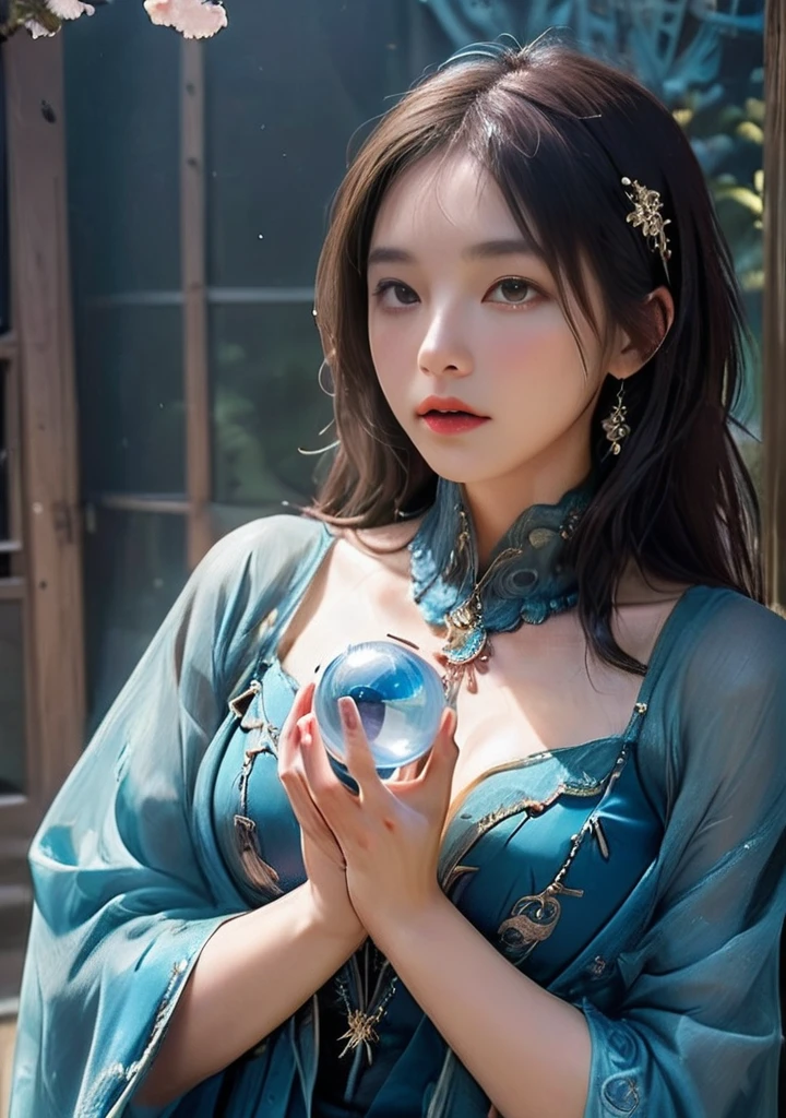 Female fortune teller. Body and face orientation: frontal. Charming, beautiful and mysterious. She wears a blue cloak and has a clear face. Bright and glittering, full of anxiety and anticipation. The fortune teller is standing. He holds a slightly large crystal ball in both hands. The lighting in the room is bright, creating a fantastic atmosphere. Top picture quality, 4K or 8K resolution. The level of detail is very fine and photorealistic. Artistic style should reflect the aesthetic of the formula with bright colors and strong contrasts. The color palette should emphasize the mysterious and mystical theme of the piece. The fortune teller's cloak is decorated with metal trim and intricate designs, with a thickness ratio of 1.5 The overall mood is stellar and magical; the cloak is a symbol of the mysterious and mystical. The expression of the fortune teller's face should evoke mystical interest.