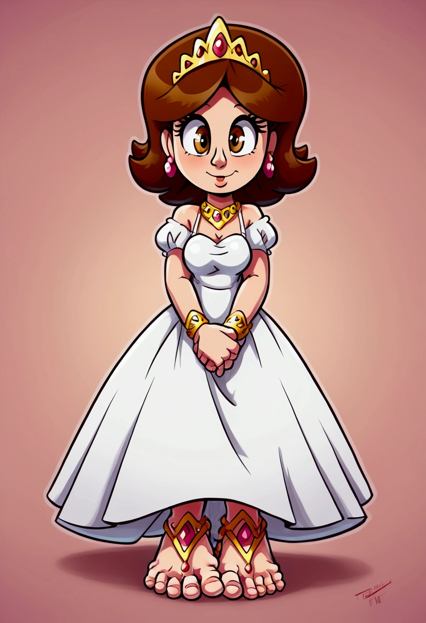 A_princess_with_big_feet (((massive, alternate size, and giant feet, giant toes, feet jewelry, standing))) hair_color (brown hair) (white dress) eye_color (brown eyes) silver_tiara ((teasing, cute, funny, adorable, masterpiece, high quality))