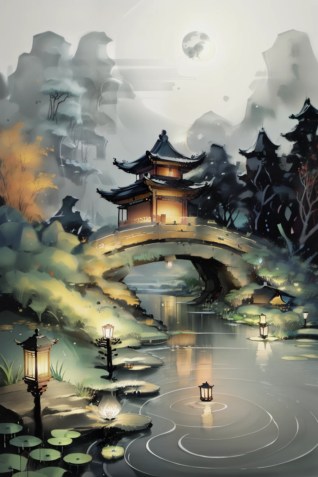 masterpiece,Highest quality,Chinese martial arts style,an asian night scene with lanterns and water lilies,Asian pond with many lanterns and boats、Night view with lots of lights and boats in the water, Lake, Lotus flower,Beautiful night view,(((Chinese martial arts style))), With the vast sky, Continuous Mountains々and rugged cliffs, Ink painting style, Outline Light, atmospheric ambience, Depth of written boundary, The fog rises, bamboo, pine tree, Octagonal stone pavilion, Waterfall Flowing Water,Big full moon,(No color) , Monochrome, Bright,