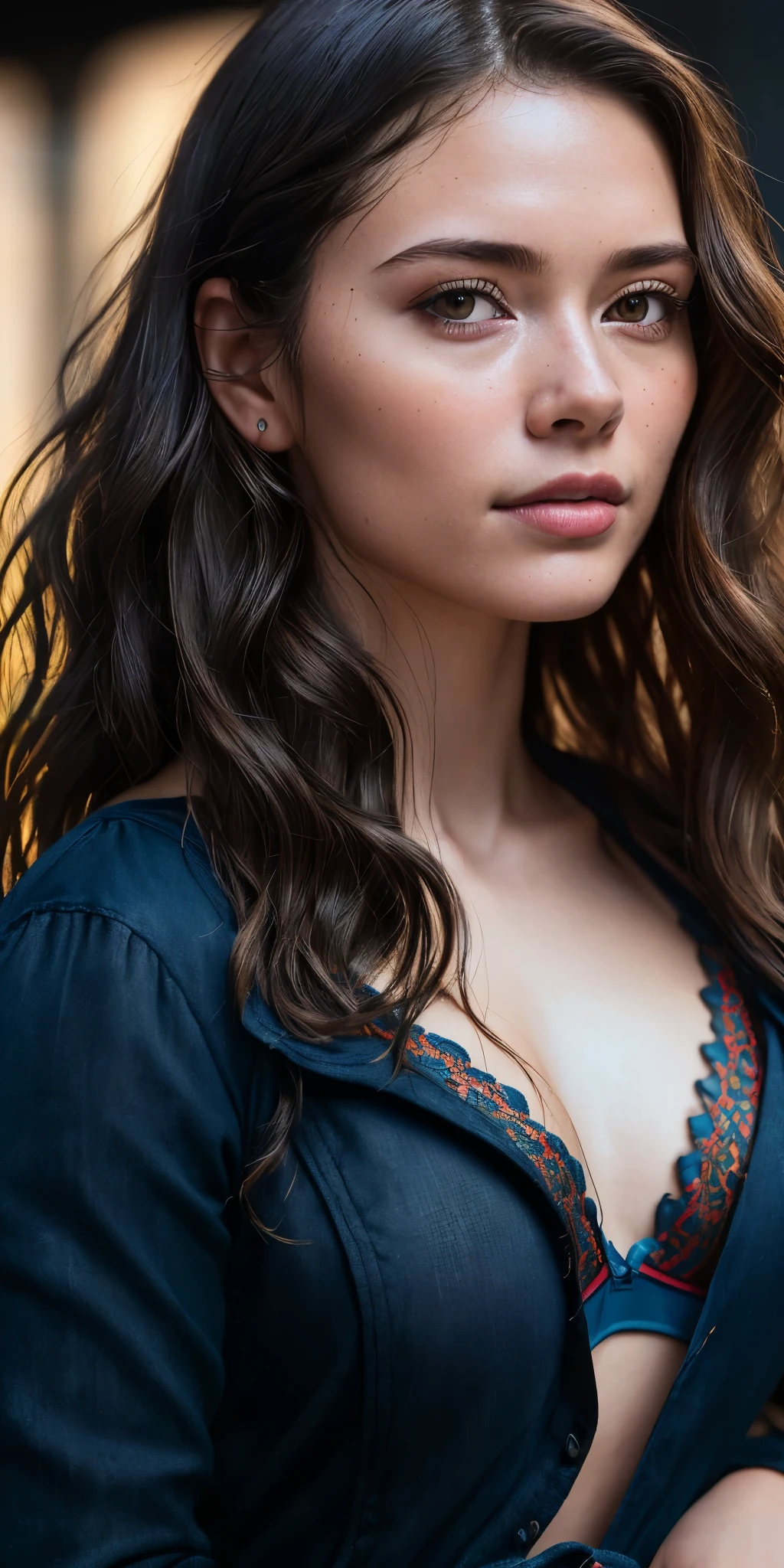 Full face portrait photo of 25 year old European girl, RAW, beautiful woman, semi-open strawberry lip, dimples, wistful expression, (brown hair with extra long wavy), ((detailed face)), ((detailed facial features)), (fine detailed skin), pale skin, cyberpunk megacity environment, (cool color), moist, damp, reflection, (masterpieceShot with Canon EOS R5 (detail) (Realistic photos) (Detailed details) 50mm lens, f/2.8, HDR, (8k) (wallpaper) (cinematic lighting) (dramatic lighting) (sharp focus) (complex), RAW photography, RAW photography, gigachad photography, camera pose, black jeans, back arm, 8k uhd, dslr, high quality, Grain Film, Fujifilm XT3, Film Stock Photo 4 Kodak Portra 400 Camera F1.6 Lens Rich colors Ultra-realistic textures Dramatic lighting Unreal Engine Art Station Trends Cinestill 800 Tungsten, Toughboy Style, Ultra Focus Face, Intimidating, Fighting Position, Short Messy Hair, Muscles, Bursting Veins, Beads, (( Lingerie set with dark blue embroidery)), ((dark blue camisole thin)),