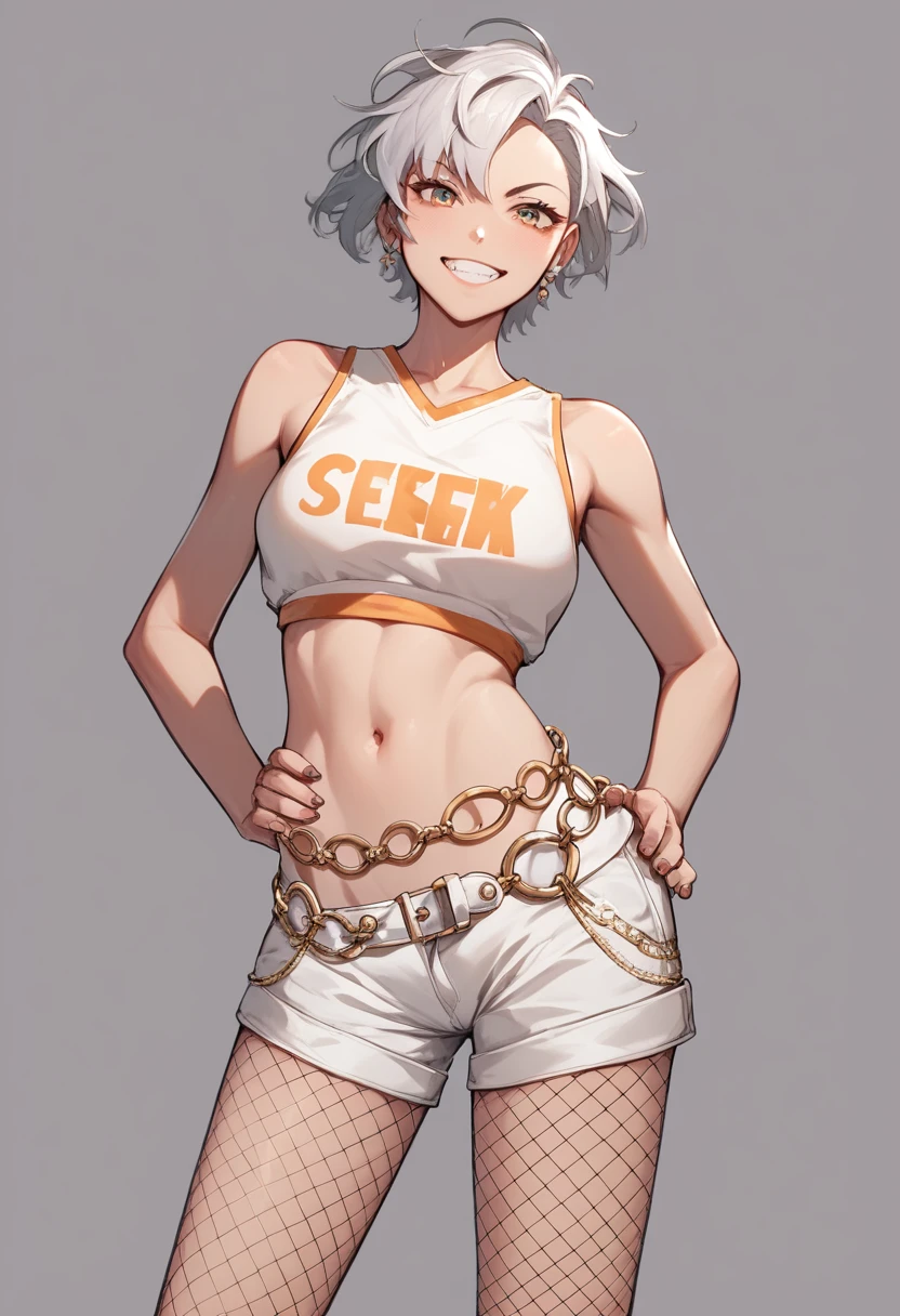 score_9, score_8_up, score_7_up, 1girl , standing , solo , anime , slightly orange silver hair, short hair, grin smile , hadegalchainbelt , large o-rings, chain-belt , animal print tank top  , white shorts , fishnet tights, master piece , simple background , ultra-detailed, 4k , look straight at viewer, focusing on the stomach, posing with one hand on hips , leg belt