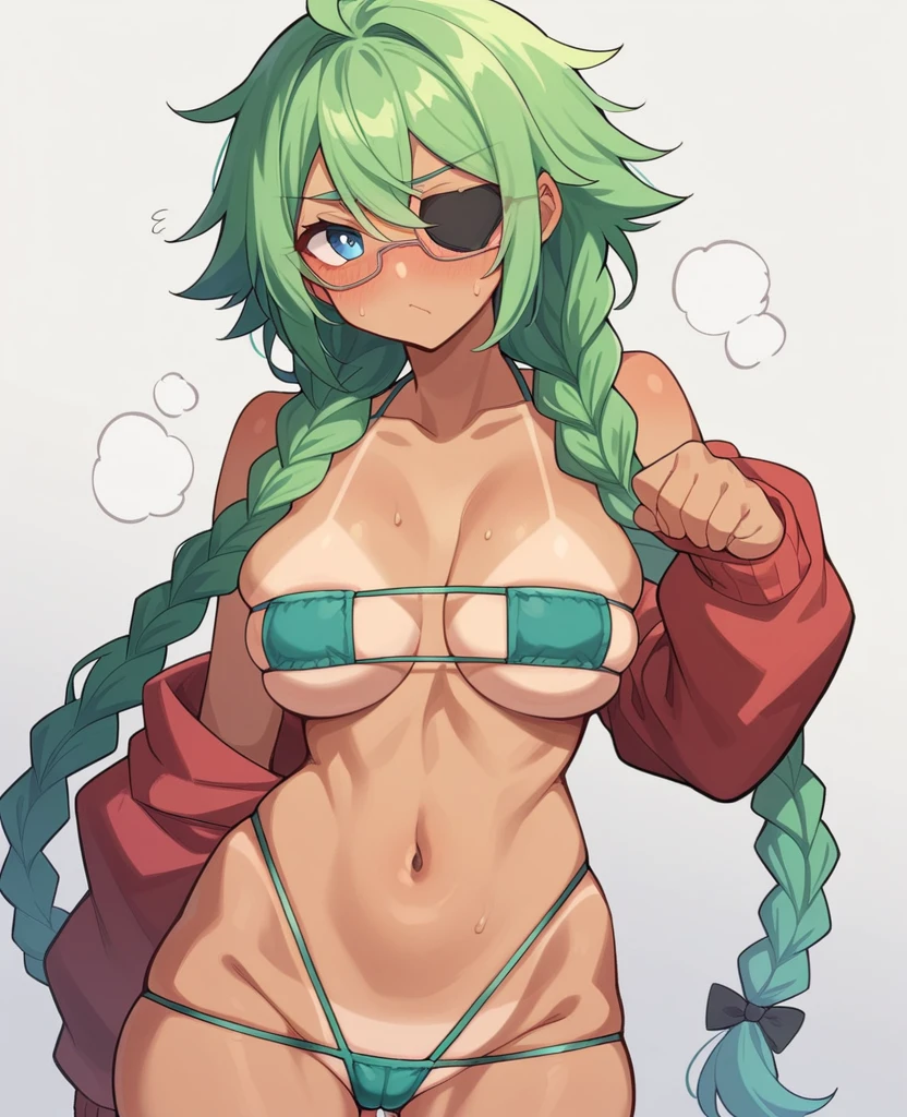 1 female、Braided Pigtails、Big Tits、(Big Tits:1.8)、Glasses、(face:Without eye patch)、blue eyes、Green Hair、Eyepatch bikini、(color:transparent)、(size:Micro Bikini)、thong underwear、(Sunburn)、Sunburn跡、Swimwear Line、white、スクールSwimwear Line、(Sunburn跡:スクールSwimwear Line)