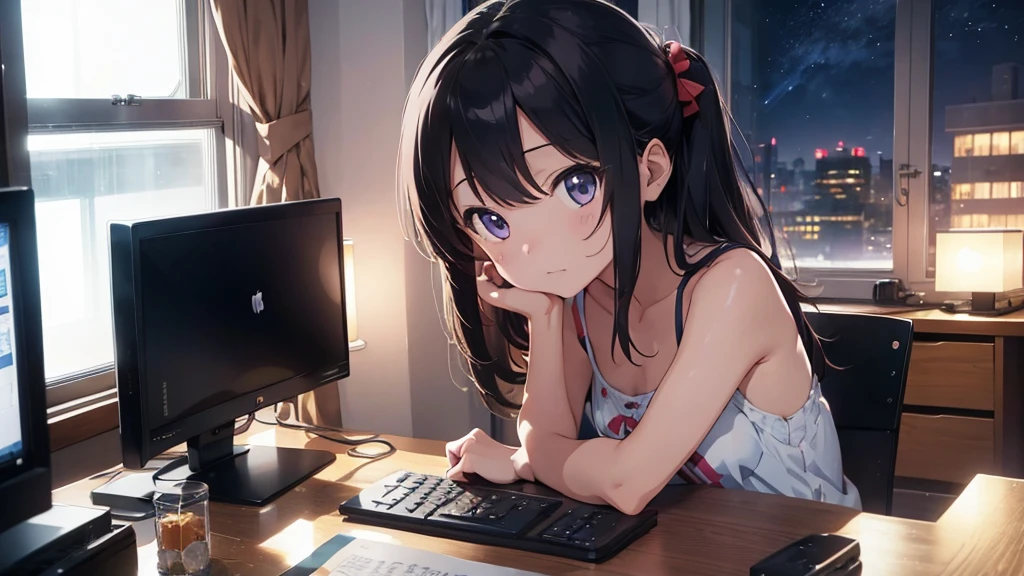 One Girl、Your Name、think、Computer work、Staring at the monitor、camisole、chest、Late Night、Window、Night view、anime、An illustration