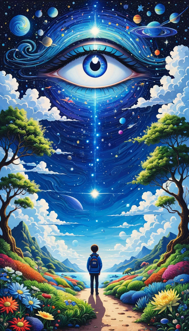 Psychedelic Art。plant、Marine Life、(((Charming eyes，The Third Eye)))、cloud、Starry Sky，Galaxy、Planet、Stitching together an abstract painting，Describing the inner world of autistic people，Sense of space，Blank，White space，Pointillism method，Childish lines，Klein Blue，Incorporating Monet&#39;s artistic style