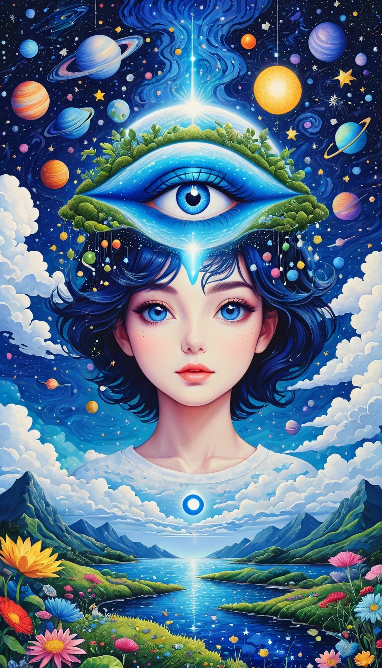 Psychedelic Art。plant、Marine Life、(((Charming eyes，The Third Eye)))、cloud、Starry Sky，Galaxy、Planet、Stitching together an abstract painting，Describing the inner world of autistic people，Sense of space，Blank，White space，Pointillism method，Childish lines，Klein Blue，Incorporating Monet&#39;s artistic style