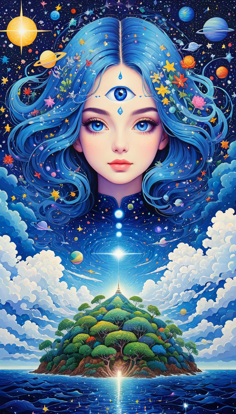 Psychedelic Art。plant、Marine Life、(((Charming eyes，The Third Eye)))、cloud、Starry Sky，Galaxy、Planet、Stitching together an abstract painting，Describing the inner world of autistic people，Sense of space，Blank，White space，Pointillism method，Childish lines，Klein Blue，Incorporating Monet&#39;s artistic style