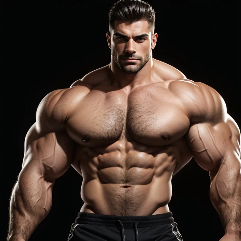 a very handsome, massively muscular man, with massively large muscles, with massively large biceps, without a t-shirt, on a black background