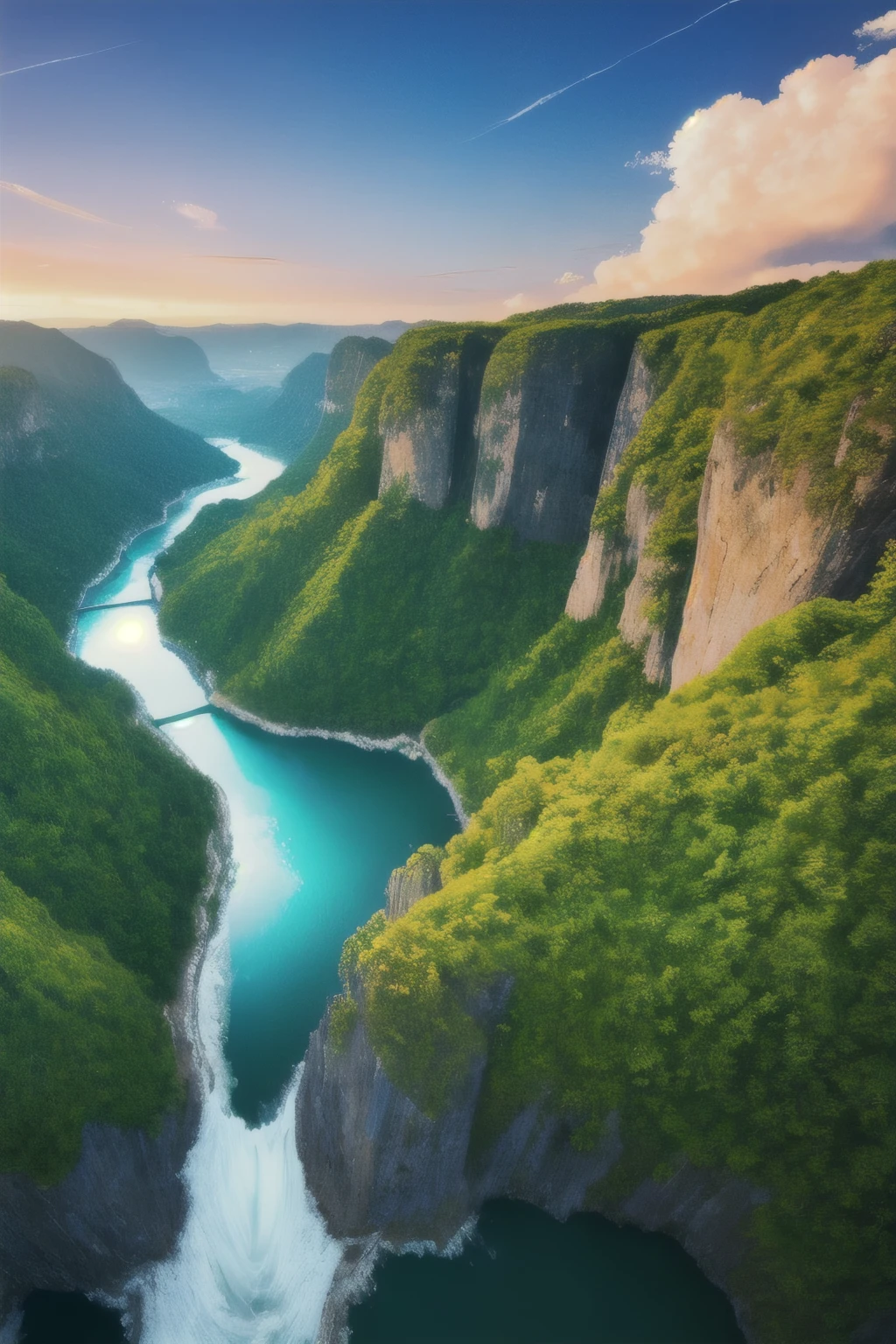 masterpiece, Ultimate Quality, CG Unity 8k Wallpaper, Very delicate, Beautiful sky and clouds, Rich natural scenery, cliff, Lakes and Rivers, Waterfalls and running water, Beautiful green mountain々, No trace of human presence, Nice views, I've already won a photo contest, Background Blur, Perfect depth of field, HDR High Dynamics, True Restoration, Complex, Extreme Detail, Dramatic presentation, A perfect expression of the art style of the journey.