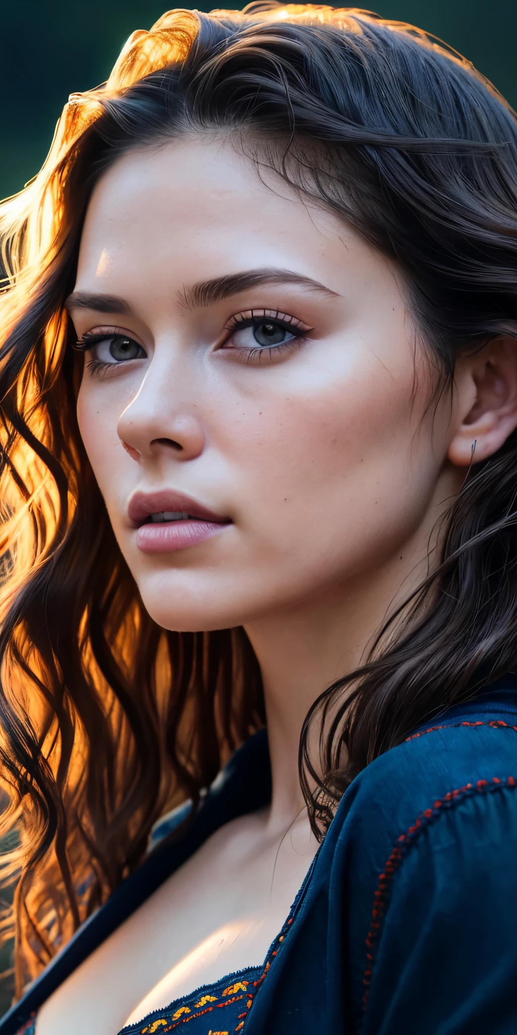 Full face portrait photo of 25 year old European girl, RAW, beautiful woman, semi-open strawberry lip, dimples, wistful expression, (brown hair with extra long wavy), ((detailed face)), ((detailed facial features)), (fine detailed skin), pale skin, cyberpunk megacity environment, (cool color), moist, damp, reflection, (masterpieceShot with Canon EOS R5 (detail) (Realistic photos) (Detailed details) 50mm lens, f/2.8, HDR, (8k) (wallpaper) (cinematic lighting) (dramatic lighting) (sharp focus) (complex), RAW photography, RAW photography, gigachad photography, camera pose, black jeans, back arm, 8k uhd, dslr, high quality, Grain Film, Fujifilm XT3, Film Stock Photo 4 Kodak Portra 400 Camera F1.6 Lens Rich colors Ultra-realistic textures Dramatic lighting Unreal Engine Art Station Trends Cinestill 800 Tungsten, Toughboy Style, Ultra Focus Face, Intimidating, Fighting Position, Short Messy Hair, Muscles, Bursting Veins, Beads, (( Lingerie set with dark blue embroidery)), ((dark blue camisole thin)),