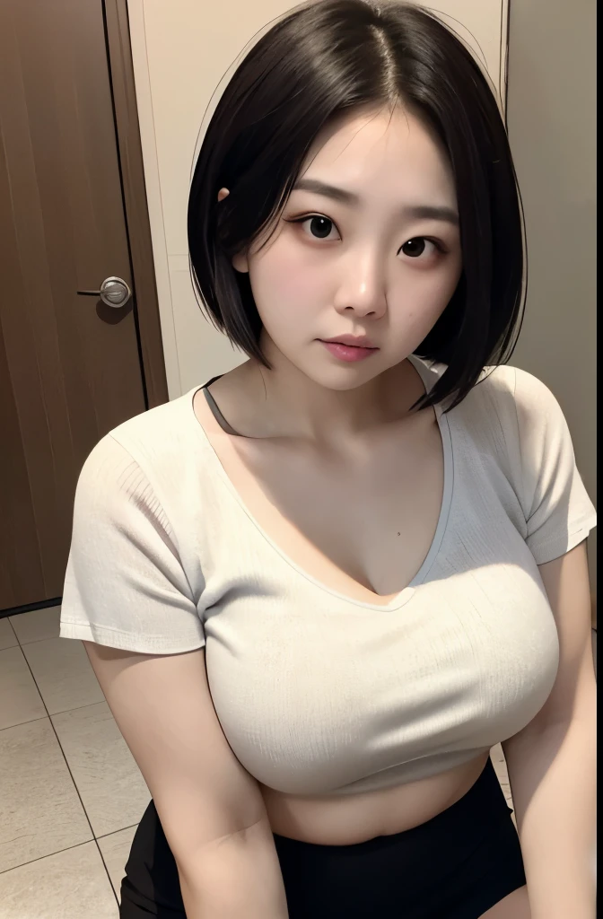 Beautiful, daughter-in-law, japanese, voluptuous, tshirt knit vneck, sports short pants, In the kitchen, soft gaze, seductive facial expression