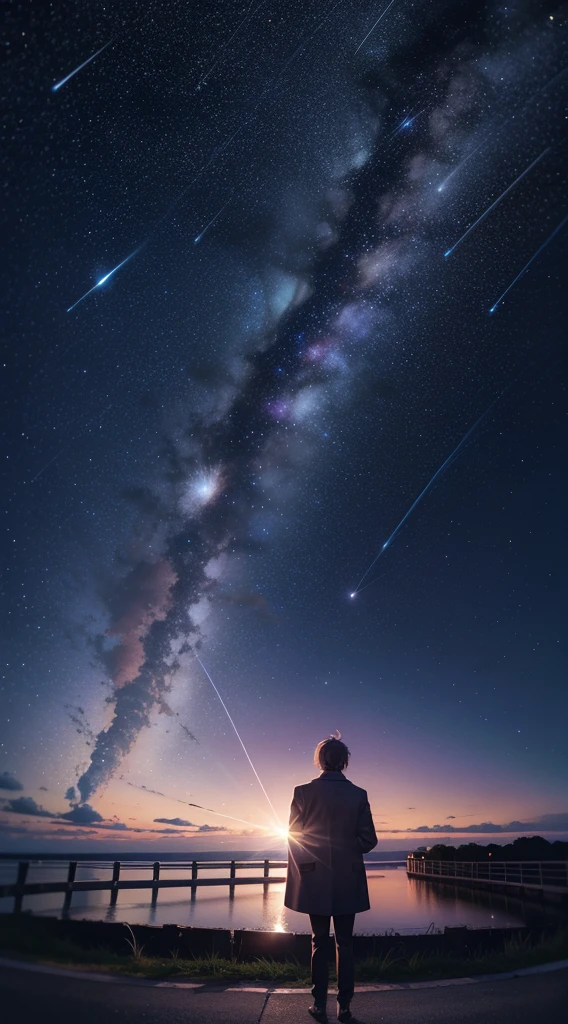 (Perfectcomposition:1.4),super wide shot,the night,starrysky,starlights,extreme light,meteor shower,Fireworks all over the sky,one-girl,With his back to the camera,looking at the stars,As estrelas,tmasterpiece