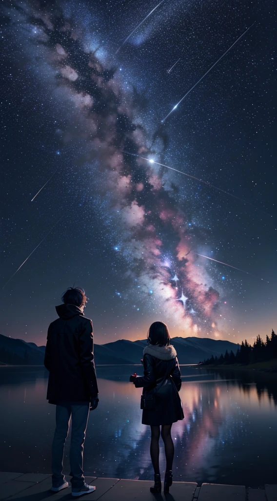 （Perfectcomposition:1.4），super wide shot，the night，starrysky，starlights，extreme light，meteor shower，Fireworks all over the sky，one-girl，With his back to the camera，looking at the stars，As estrelas，tmasterpiece